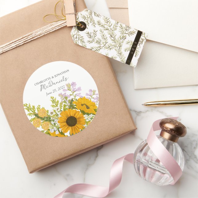 Yellow Modern Sunflowers Bouquet Wedding  Runder Aufkleber (Schenken)