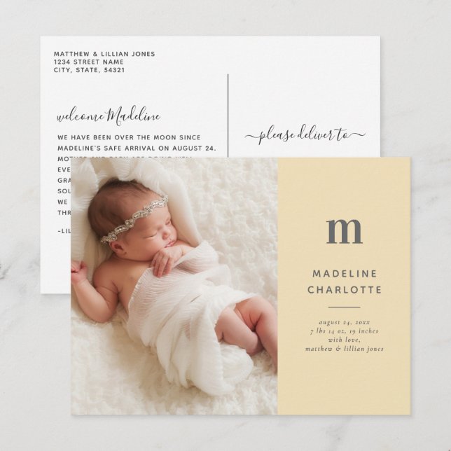 Yellow Monogram 1-Foto Neue Baby Ankündigung Postkarte (Vorne/Hinten)