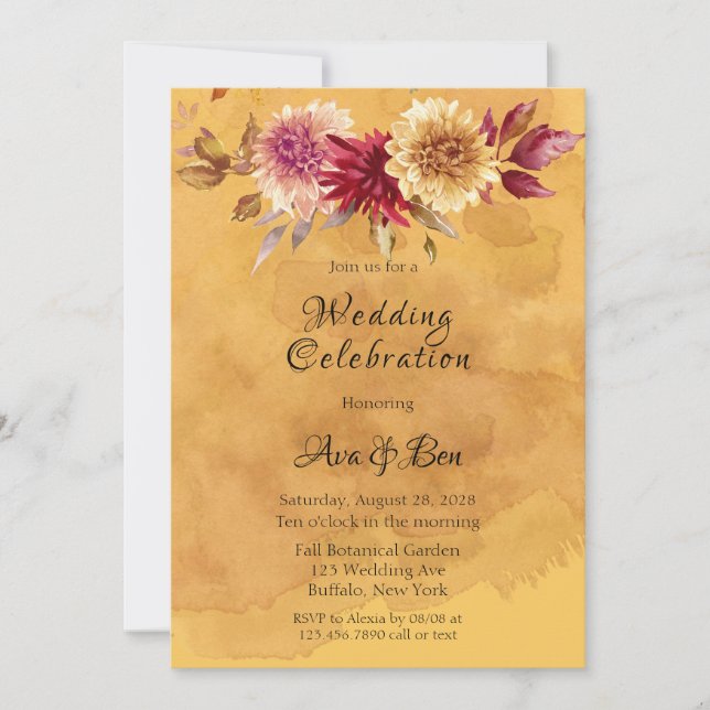 Yellow Mustard Watercolor Dahlia Blume Hochzeit Einladung (Vorderseite)