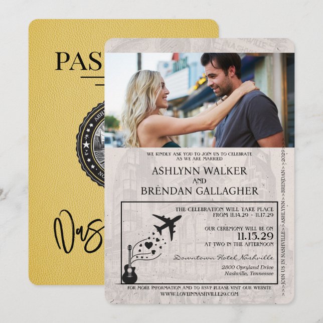Yellow Nashville Passport Wedding Einladung (Vorne/Hinten)