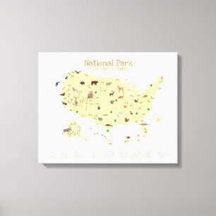 Yellow National Park Map Woodland Kinderzimmer Leinwanddruck