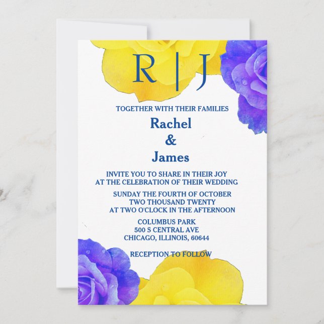 Yellow Navy Blue Floral Rose Elegante Hochzeit Einladung (Vorderseite)
