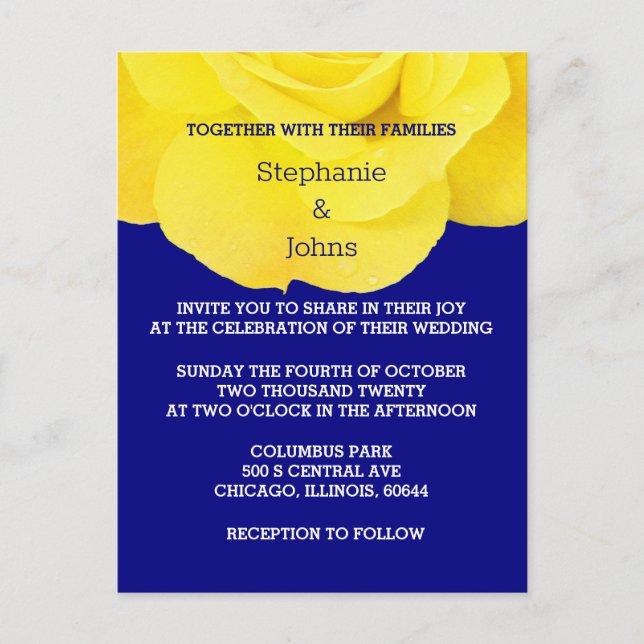 Yellow Navy Blue Floral Rose Simple Wedding Einladungspostkarte (Vorderseite)