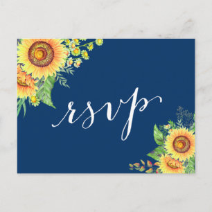 Yellow Navy Blue Sunflores Rustic Wedding RSVP Einladungspostkarte