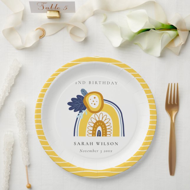 Yellow Navy Boho Floral Regenbogen jedes Alter Geb Pappteller (Hochzeit)