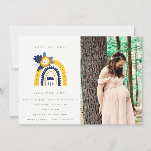 Yellow Navy Flora Rainbow Foto Kinderdusche Einlad Dankeskarte (Vorderseite)