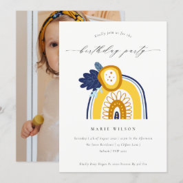 Yellow Navy Floral Foto Rainbow Birthday Einladung