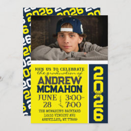 Yellow & Navy Modernes Abschluss Foto Einladung