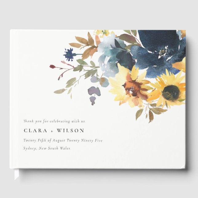 Yellow Navy Sonnenblumen Hochzeit von Aquarellblum Gästebuch (Vorderseite)