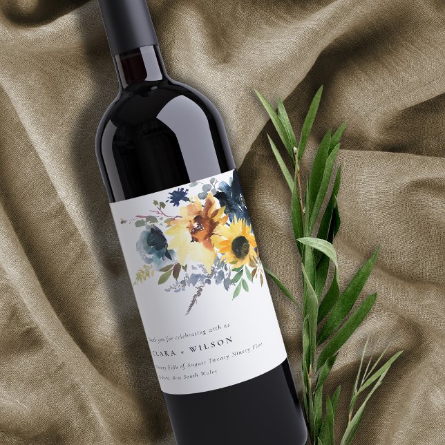 Yellow Navy Sonnenblumen Hochzeit von Aquarellblum Weinetikett (Von Creator hochgeladen)