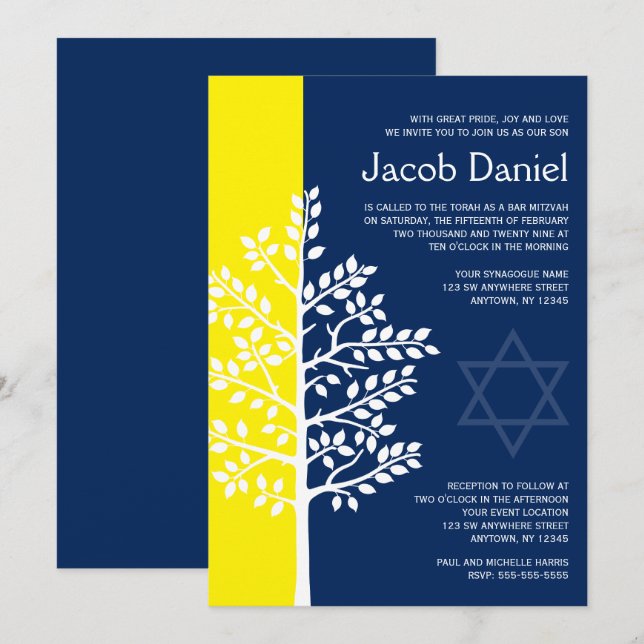 Yellow Navy Tree Bar Mitzvah Einladungen (Vorne/Hinten)