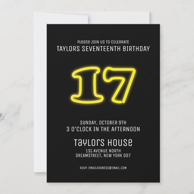 Yellow Neon Sign 17. Trendy Birthday Party Einladung (Vorderseite)