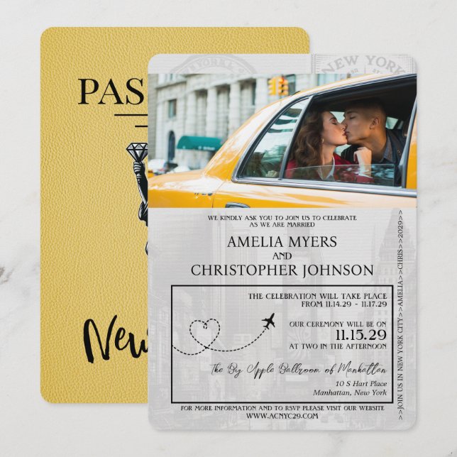Yellow New York City Passport Wedding Einladung (Vorne/Hinten)