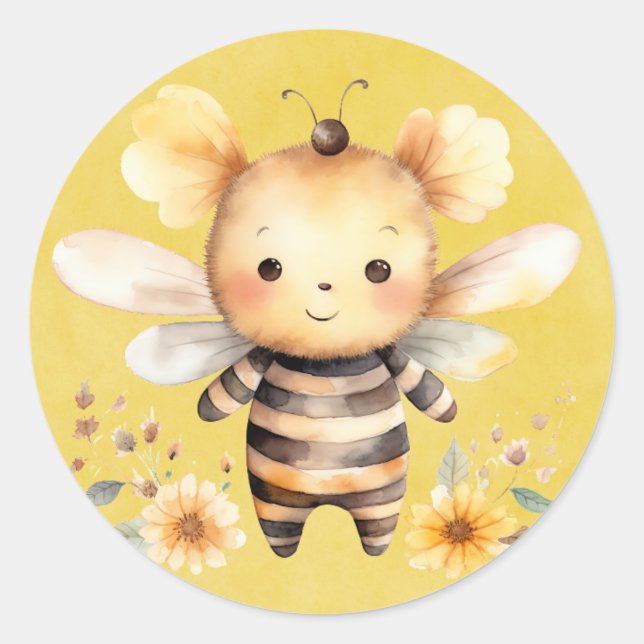 Yellow Niedlich Bee Florals Baby Dusche Runder Aufkleber (Vorderseite)