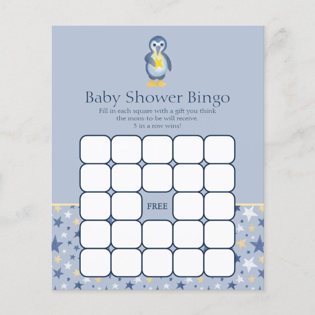 Yellow North Star Pinguin Baby Dusche Bingo Spiel (Vorderseite)