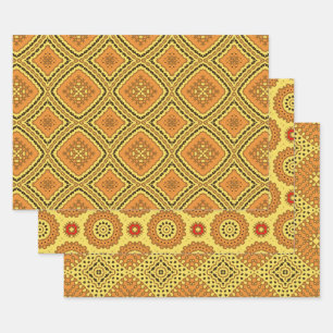Yellow Orange Ethnic Boho geometrische Muster Geschenkpapier Set