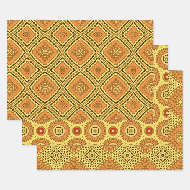 Yellow Orange Ethnic Boho geometrische Muster Geschenkpapier Set (Set)