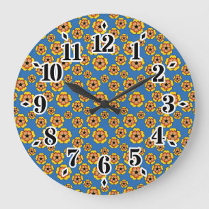 Yellow Orange Flowers Pattern Große Wanduhr