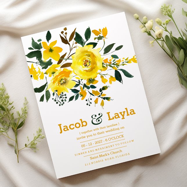 Yellow Orange Green Blume Bouquet Sommer Hochzeit Einladung (Yellow orange green flower bouquet summer Wedding )