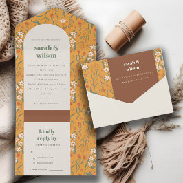 Yellow Orange Groovy Retro Arch Floral Wedding All In One Einladung