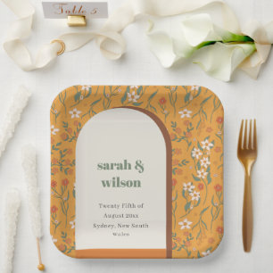 Yellow Orange Groovy Retro Arch Floral Wedding Pappteller