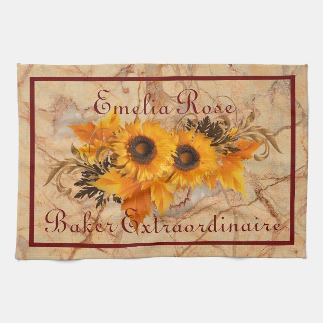 Yellow Orange Sunflower Bouquet Personalisiert Geschirrtuch (Horizontal)