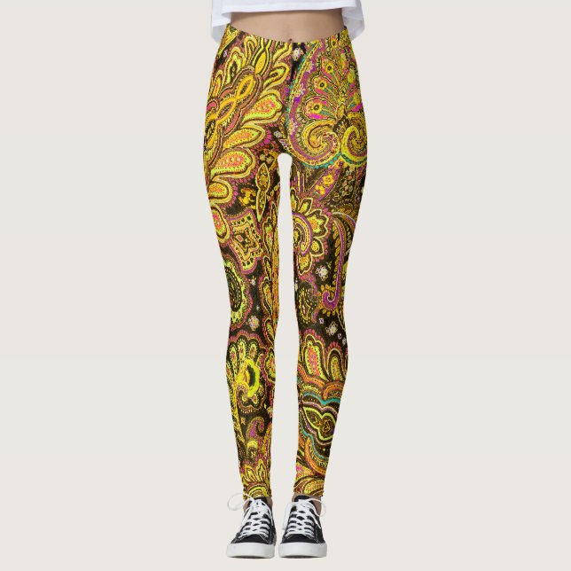 Yellow Paisley Design on Black Leggings (Vorderseite)