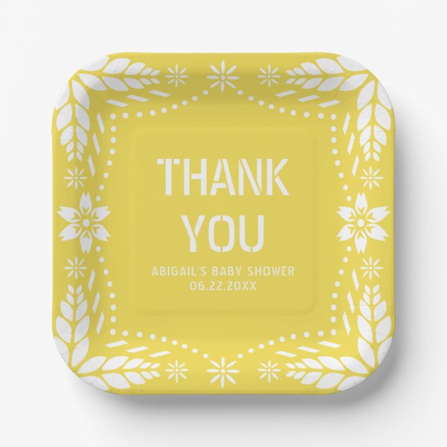 Yellow papel picado Danke Baby Dusche Pappteller (Vorderseite)