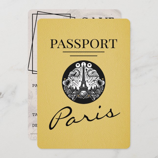 Yellow Paris Passport Save the Date (Vorne/Hinten)