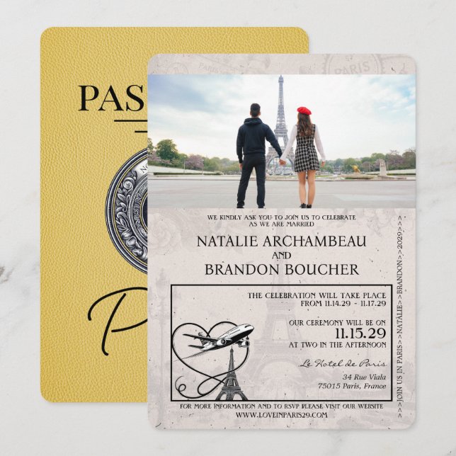 Yellow Paris Passport Wedding Einladung (Vorne/Hinten)
