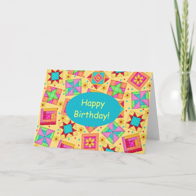 Yellow Patchwork Quilt Art Happy Birthday Karte (Vorderseite)