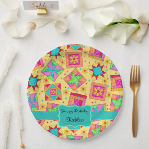 Yellow Patchwork Quilt Blockname Happy Birthday Pappteller