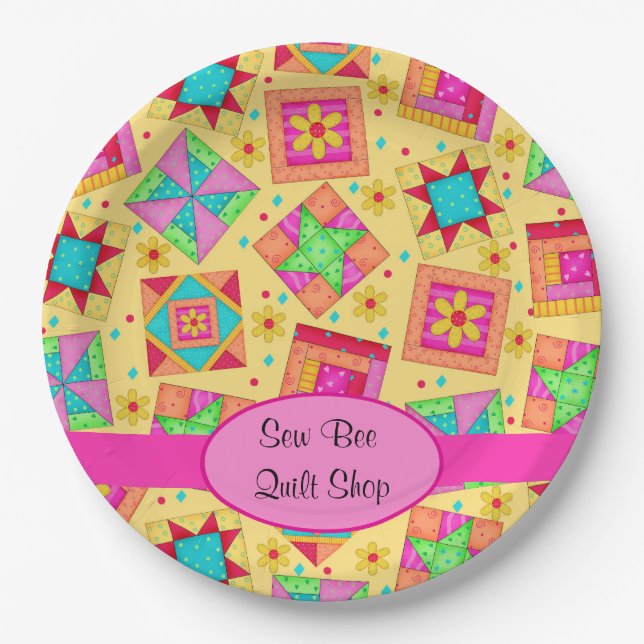 Yellow Patchwork Quilt Shop Kundenspezifisches Par Pappteller (Vorderseite)