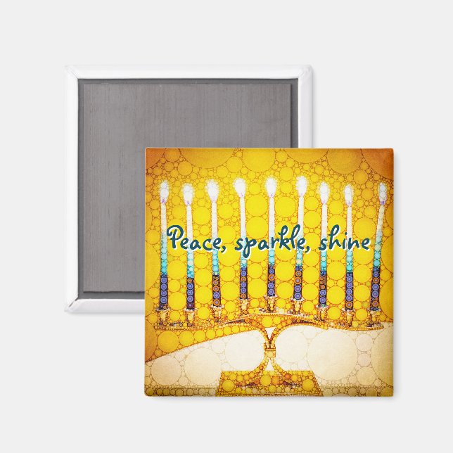 Yellow Peace Sparkle Shine Script Hanukkah Menorah Magnet (Vorderseite/Rückseite)