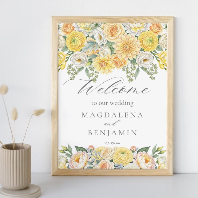 Yellow Peach Flowers Sage Greenery Wedding Welcome Poster (Von Creator hochgeladen)