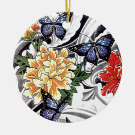 Yellow Peony and Butterfly Tattoo Design Keramik Ornament