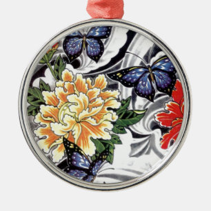 Yellow Peony and Butterfly Tattoo Design Ornament Aus Metall