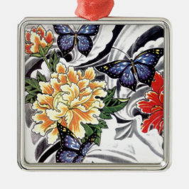 Yellow Peony and Butterfly Tattoo Design Ornament Aus Metall