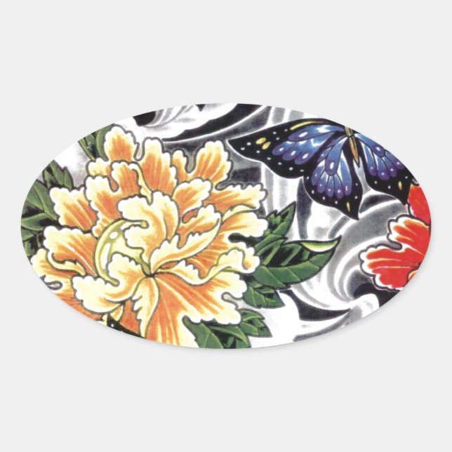 Yellow Peony and Butterfly Tattoo Design Ovaler Aufkleber (Vorderseite)