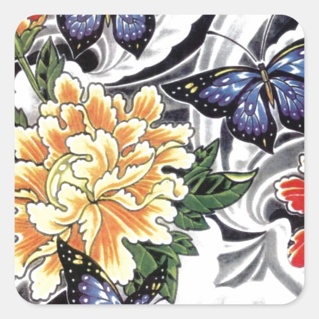 Yellow Peony and Butterfly Tattoo Design Quadratischer Aufkleber (Vorderseite)
