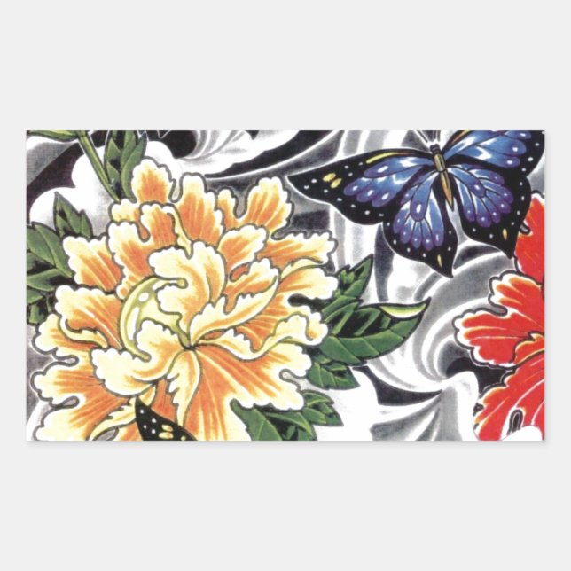 Yellow Peony and Butterfly Tattoo Design Rechteckiger Aufkleber (Vorderseite)