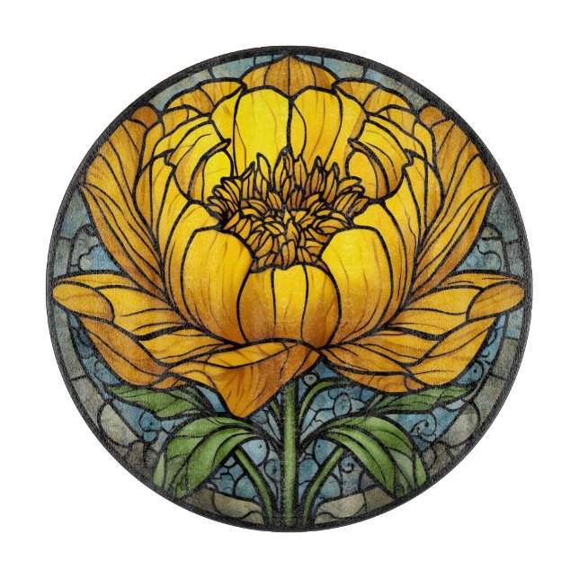 Yellow Peony Stained Glass Schneidebrett (Vorderseite)