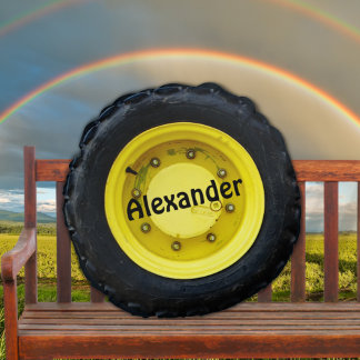 Yellow personalized name tractor wheel tire rundes kissen
