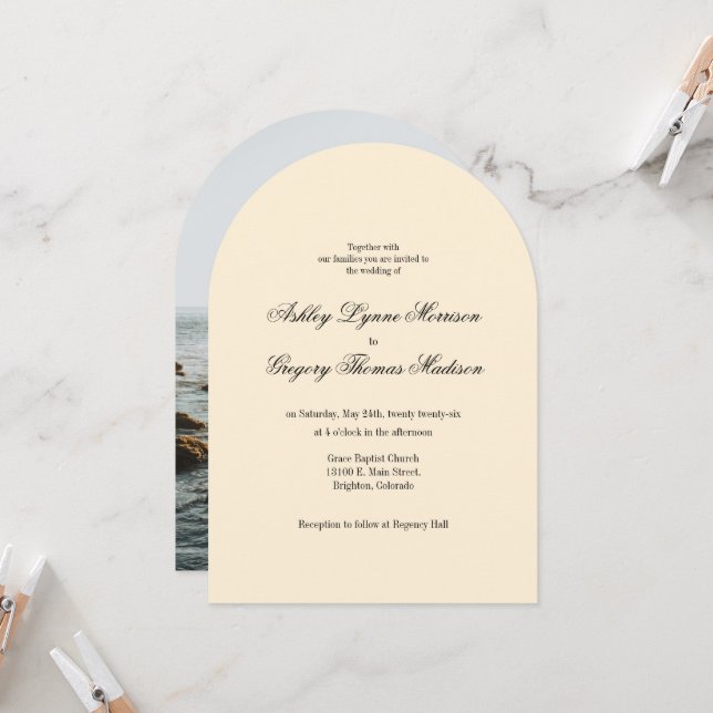 Yellow Photo Arch Shaped Wedding Invitation (Devant/Arrière en situation)