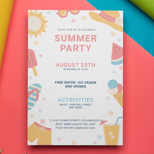Yellow Pink Blue Simple Summer Party Einladung (Von Creator hochgeladen)
