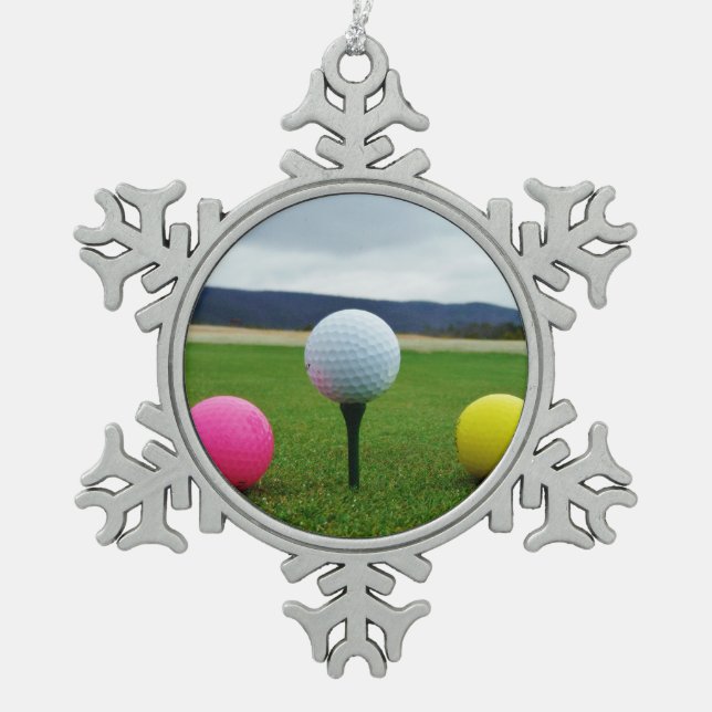 YELLOW, PINK UND WHITE Golf Balls Schneeflocken Zinn-Ornament (Vorderseite)