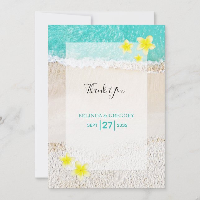 Yellow Plumeria Frangipani Tropical Beach Wedding Dankeskarte (Vorderseite)