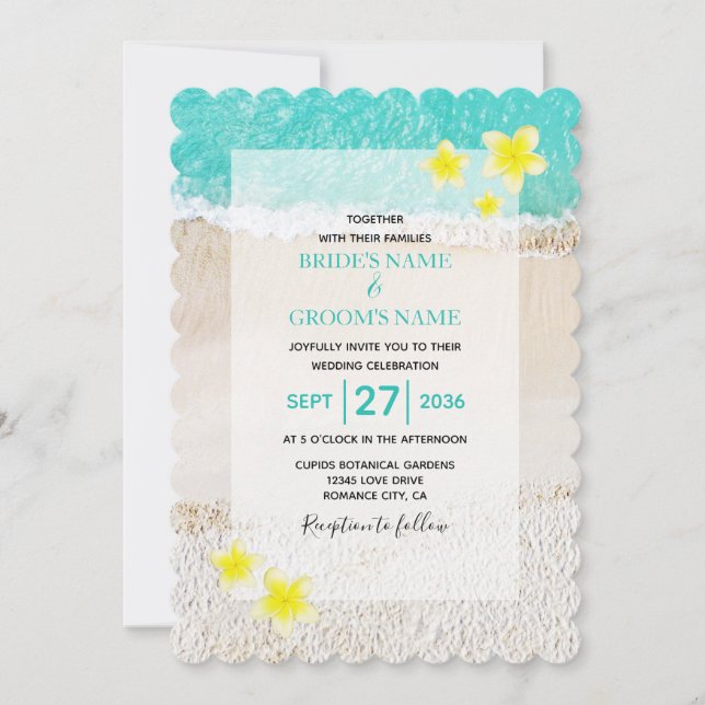 Yellow Plumeria Frangipani Tropical Beach Wedding Einladung (Vorderseite)