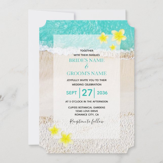 Yellow Plumeria Frangipani Tropical Beach Wedding Einladung (Vorderseite)