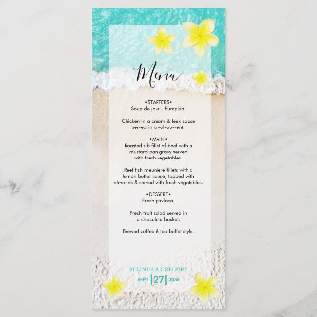Yellow Plumeria Frangipani Tropical Beach Wedding Menükarte (Vorderseite)